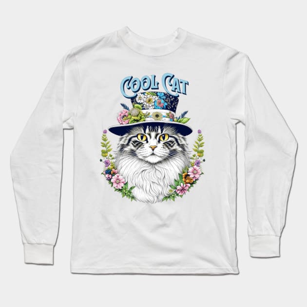 Cool Cat in a Floral Hat Long Sleeve T-Shirt by VioletGrant